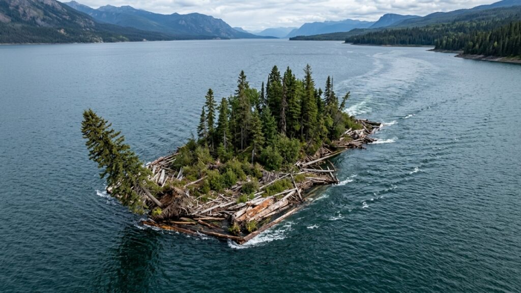 Uma ilha coberta de árvores apareceu em um reservatório do Canadá, desapareceu e reapareceu 30 km depois: satélites confirmaram que ela estava literalmente à deriva
