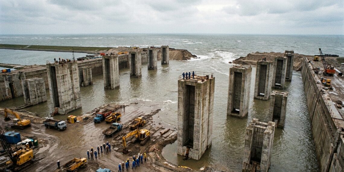 Canteiro seco com pilares gigantes é inundado durante obra na Holanda.