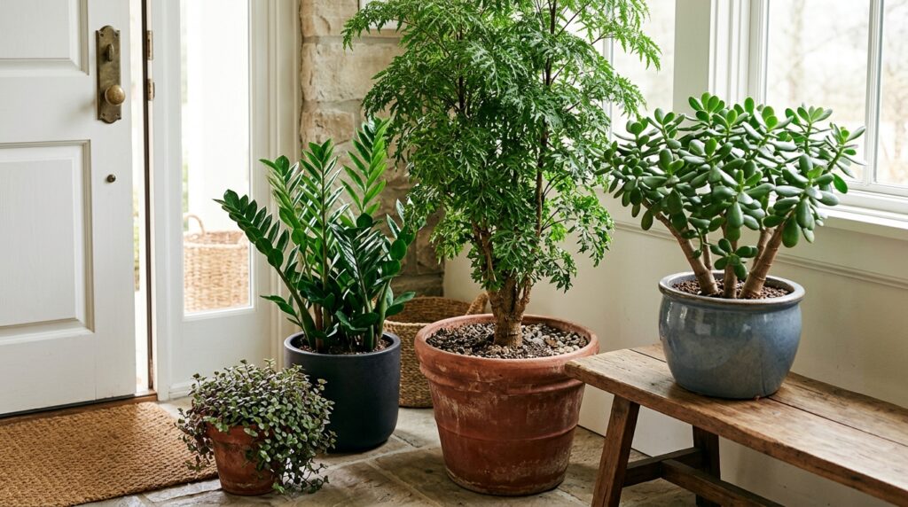 Árvore-da-felicidade, planta-jade, zamioculca e dinheiro-em-penca reunidas perto de uma entrada iluminada.