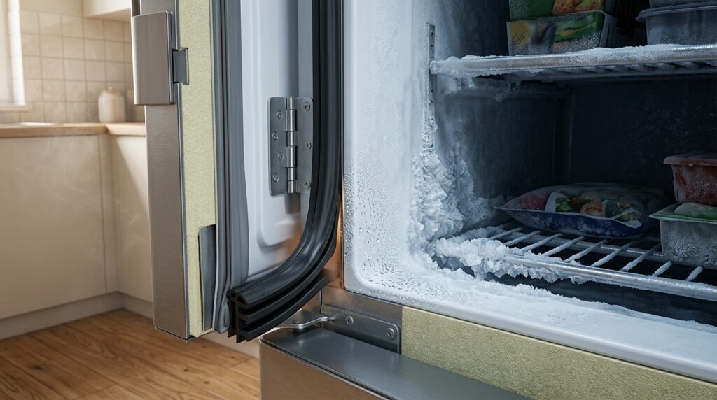 Corte técnico mostra uma pequena falha na vedação da porta e gelo acumulado próximo à entrada de ar úmido no freezer.