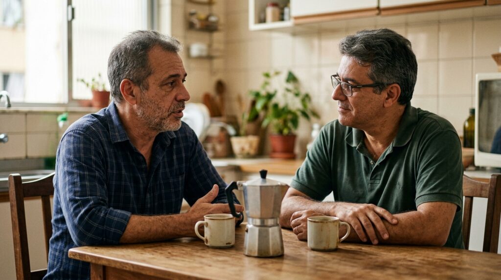 Dois amigos conversam à mesa em uma relação de confiança sem expectativa visível de retribuição.