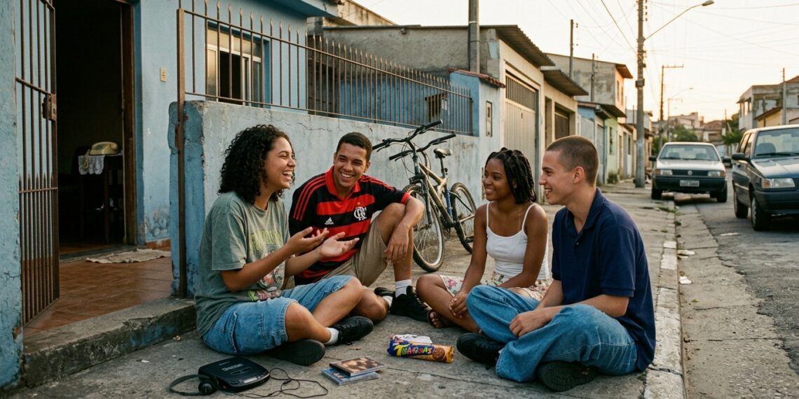Jovens conversam presencialmente em um bairro brasileiro no fim dos anos 1990 sem celulares por perto.