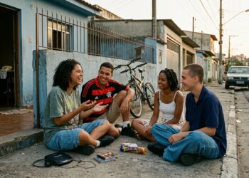 Jovens conversam presencialmente em um bairro brasileiro no fim dos anos 1990 sem celulares por perto.