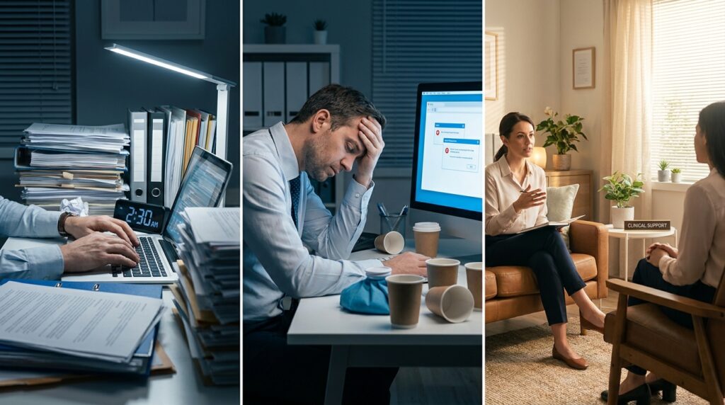 Composição em três painéis mostrando o ciclo de sobrepreparação noturna, exaustão física por estresse e acolhimento em consulta terapêutica