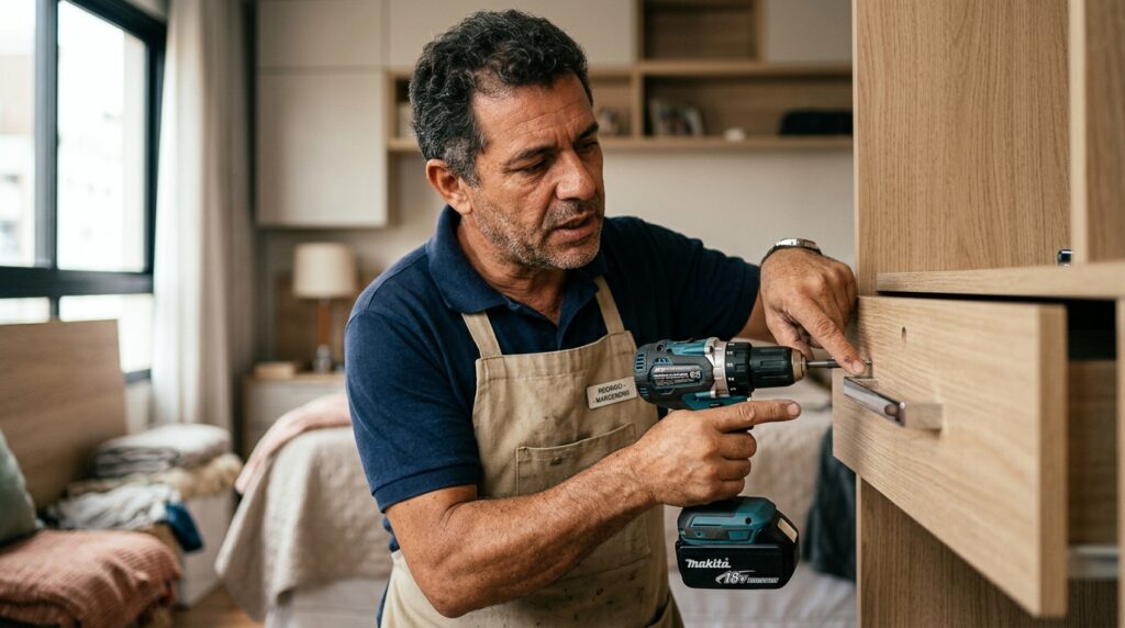 Marceneiro profissional demonstrando a regulagem de torque baixo em parafusadeira sem fio para instalação de puxadores.