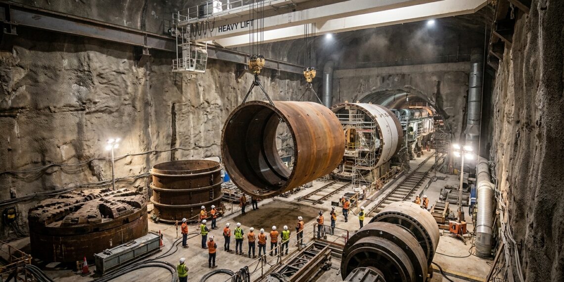 Guindaste subterrâneo movimenta peça de uma enorme tuneladora em Sydney.