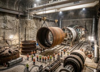 Guindaste subterrâneo movimenta peça de uma enorme tuneladora em Sydney.