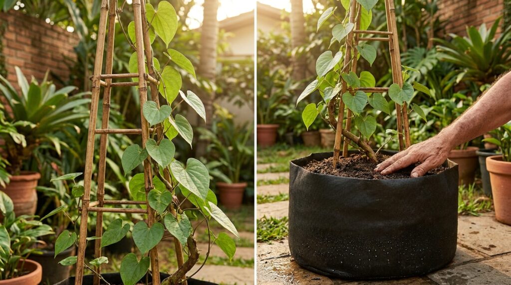 Inhame cresce em saco de tecido com rama apoiada em tutor.