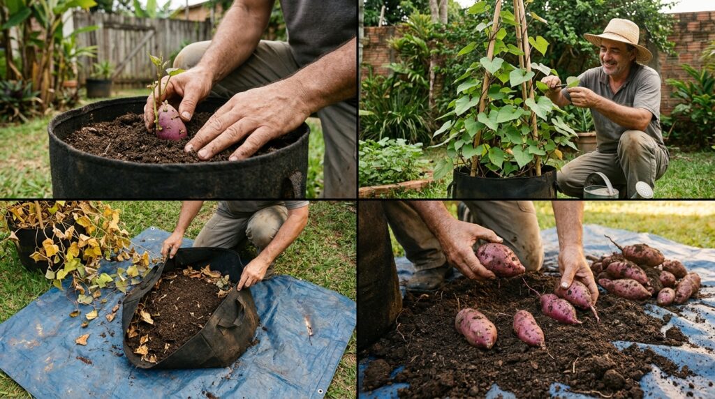 Sequência mostra plantio, crescimento e colheita de inhame em saco de tecido.