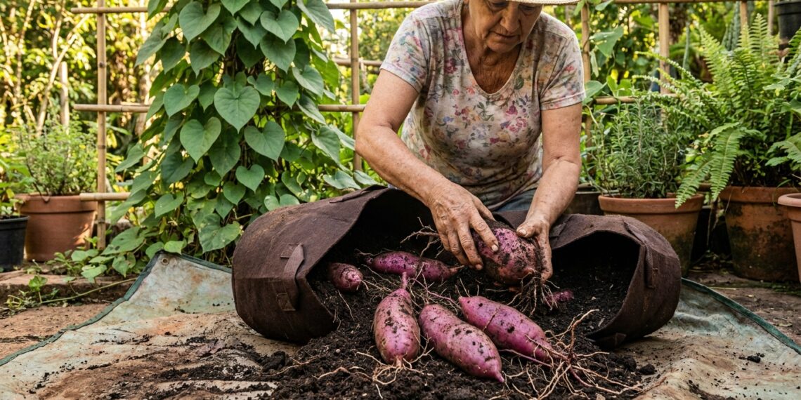 Pessoa colhe inhames de saco de cultivo aberto sobre uma lona.