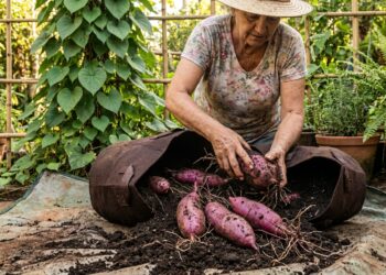 Pessoa colhe inhames de saco de cultivo aberto sobre uma lona.