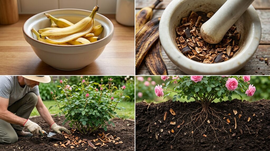 Sequência mostra casca de banana sendo preparada e incorporada ao solo da roseira.