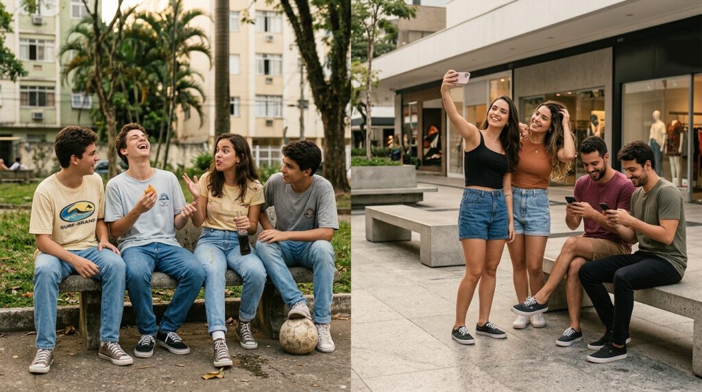 Representação compara jovens antes das redes sociais com uma geração atual cercada por celulares e registros digitais.
