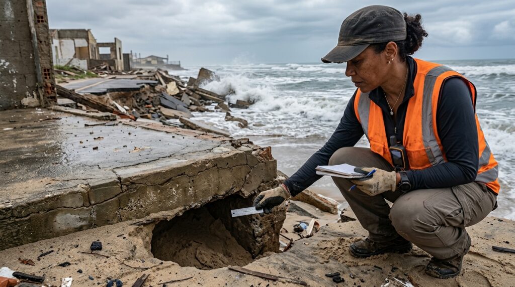 Especialista examina fundação exposta pela erosão em uma construção próxima ao mar em Atafona.