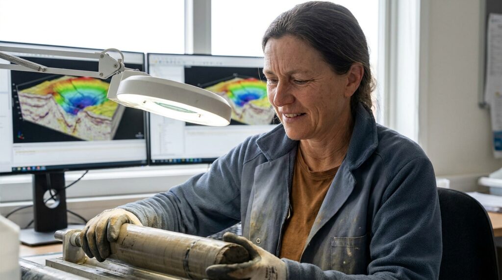 Geólogo analisando amostras cilíndricas de sedimentos marinhos em bancada de laboratório ao lado de telas com gráficos sísmicos.