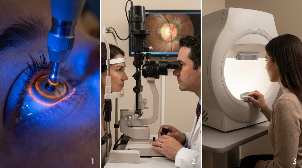Tríptico fotográfico exibindo medição de pressão intraocular, biomicroscopia em lâmpada de fenda e exame de campimetria computadorizada.