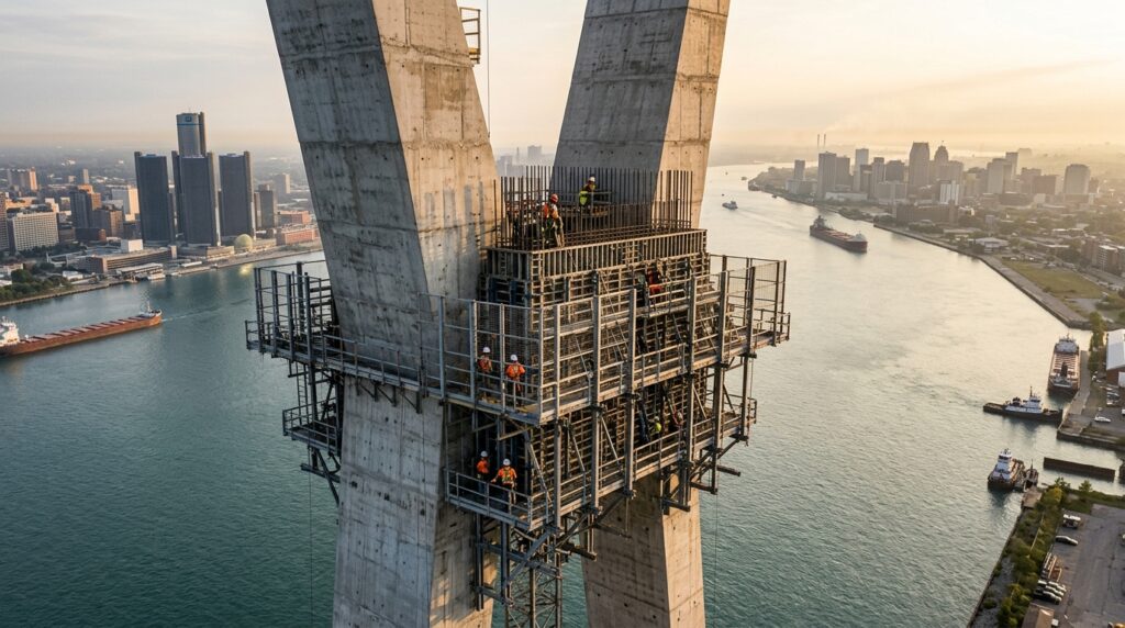 Forma autoescalável trabalha no topo de uma enorme torre de concreto em construção.