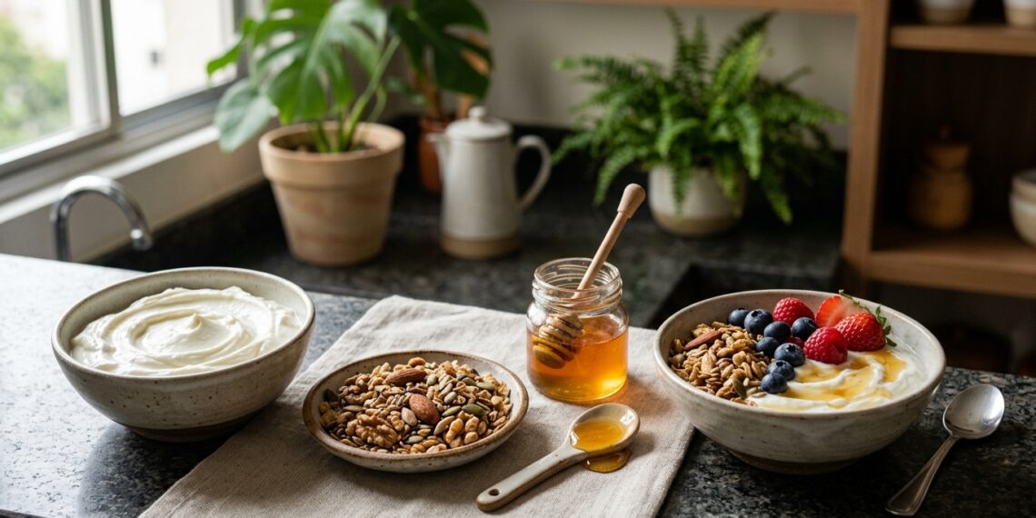 Iogurte grego, granola com aveia e sementes e mel dispostos para o café da manhã.
