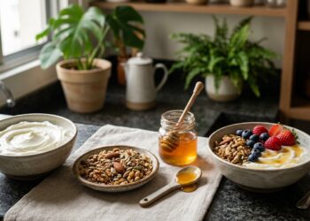 Iogurte grego, granola com aveia e sementes e mel dispostos para o café da manhã.