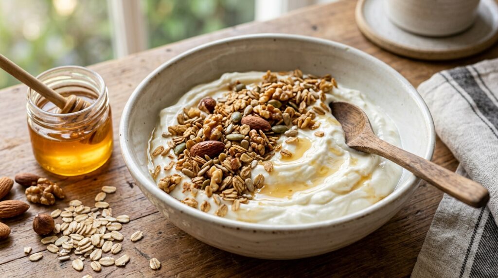 Tigela de iogurte grego coberta com granola caseira e um fio de mel.