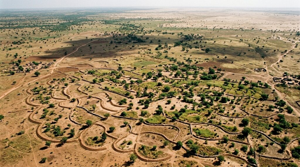 Vista aérea mostra microbacias semicirculares e áreas restauradas da Grande Muralha Verde em uma paisagem árida do Sahel.