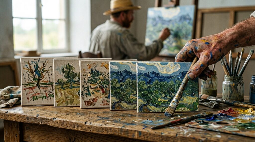Estudos de pintura mostram diferentes tentativas e correções durante o aprendizado artístico.