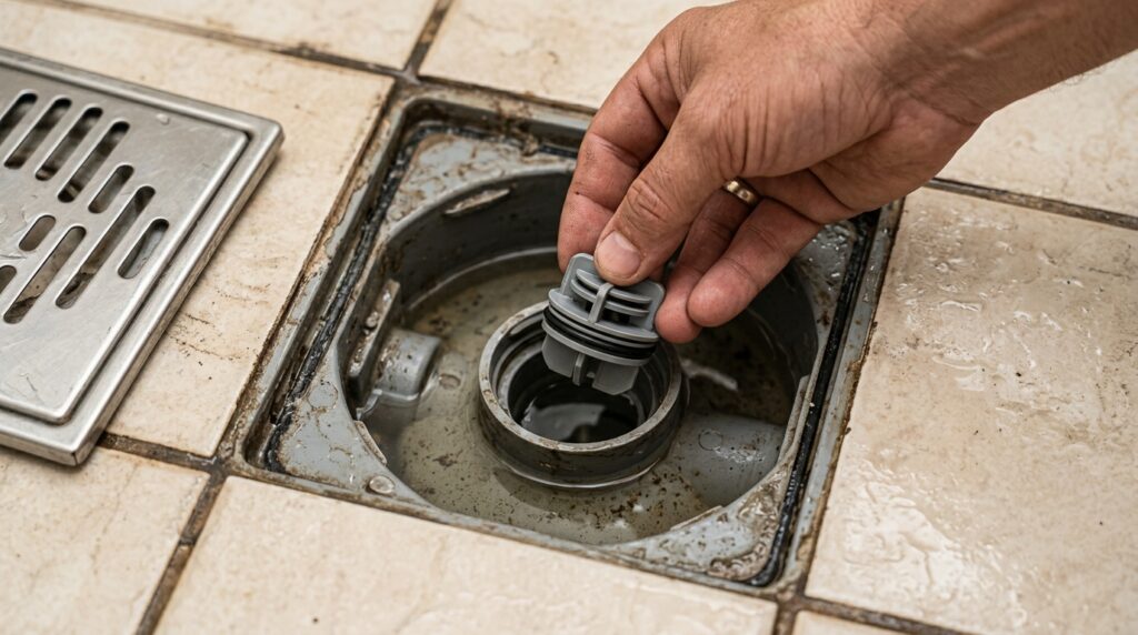 Mão segura uma pequena peça removível sobre o encaixe interno de uma caixa sifonada de banheiro.