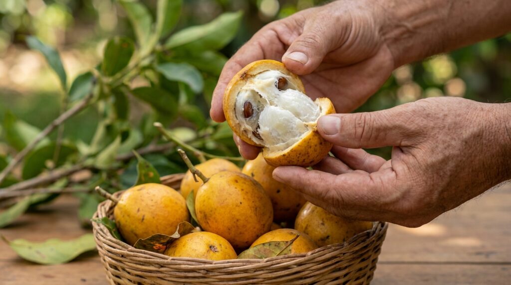 Mãos seguram bacupari aberto com a polpa branca visível.
