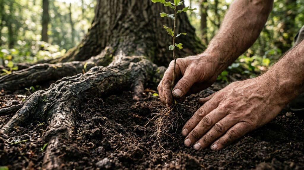 Mãos maduras colocam uma pequena muda na terra ao lado das raízes de uma árvore antiga.