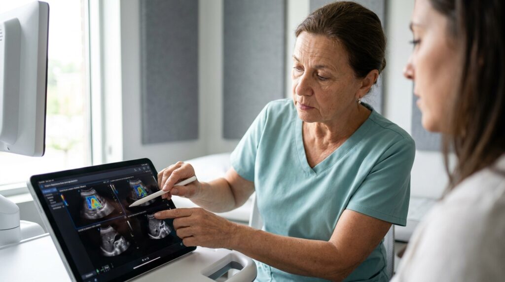 Médico hepatologista explicando laudo de exame de imagem em tablet para paciente no consultório