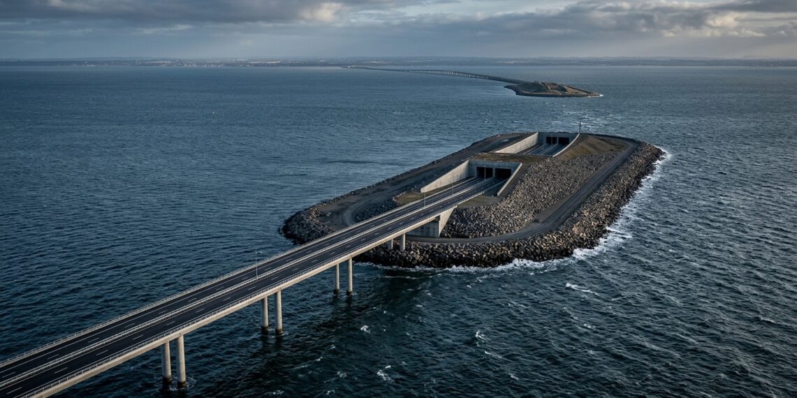 Rodovia sobre viadutos de concreto cruzando o mar e descendo em rampa rumo ao portal de um túnel submarino em uma ilha artificial de pedras