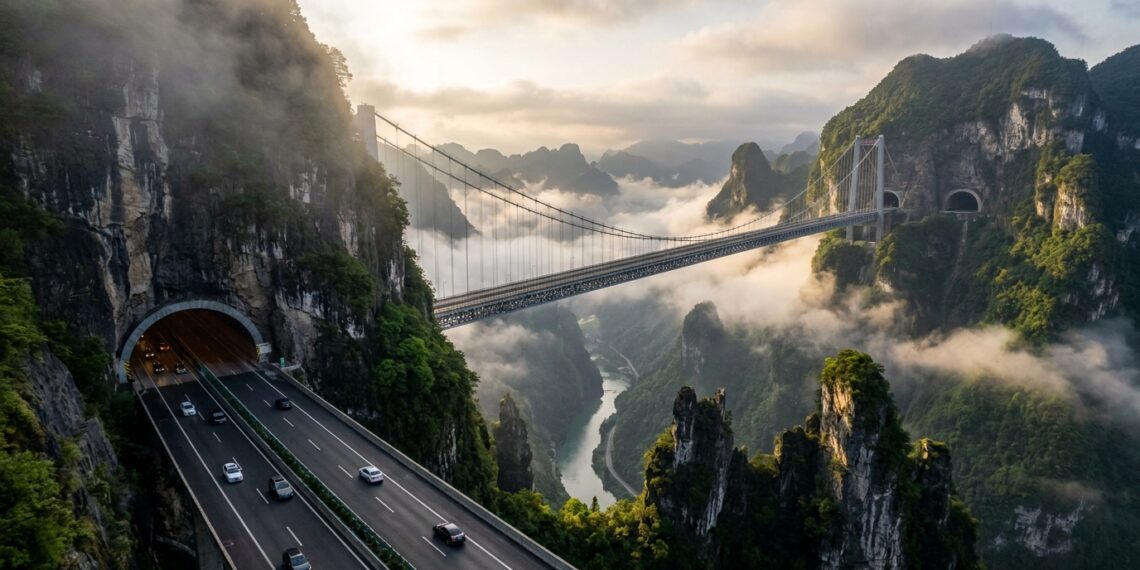 A 336 metros sobre um cânion, esta rodovia chinesa sai de um túnel, atravessa uma ponte de 1,5 km e volta para a montanha