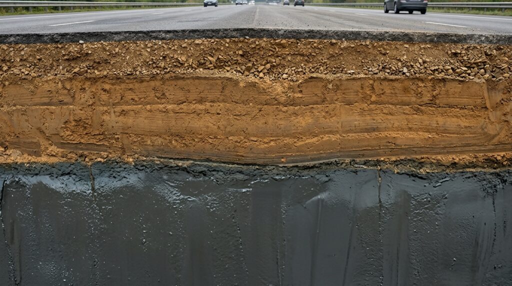 Corte técnico mostra aterro de rodovia comprimindo uma camada profunda de argila saturada.