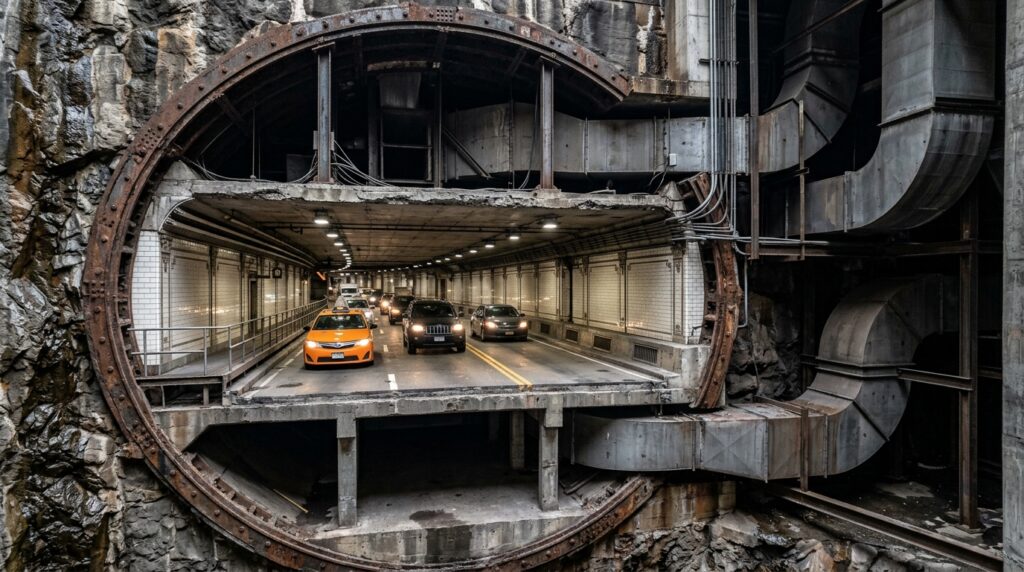 Corte técnico do Holland Tunnel mostra o duto de ar fresco sob a pista e o sistema de exaustão instalado acima do teto.