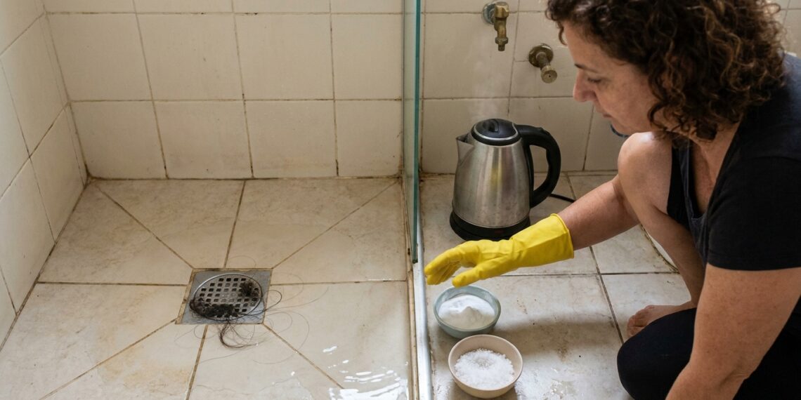 Pessoa prepara bicarbonato e sal ao lado de um ralo de banheiro com água acumulada.