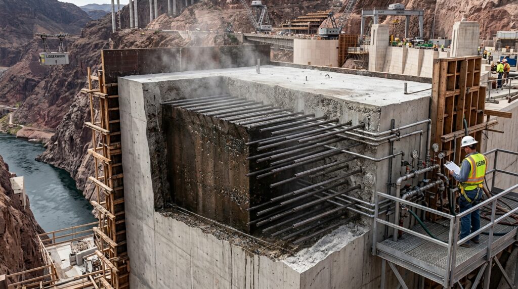 Corte de um bloco de concreto mostra o calor acumulado no interior e tubos de água usados no resfriamento.
