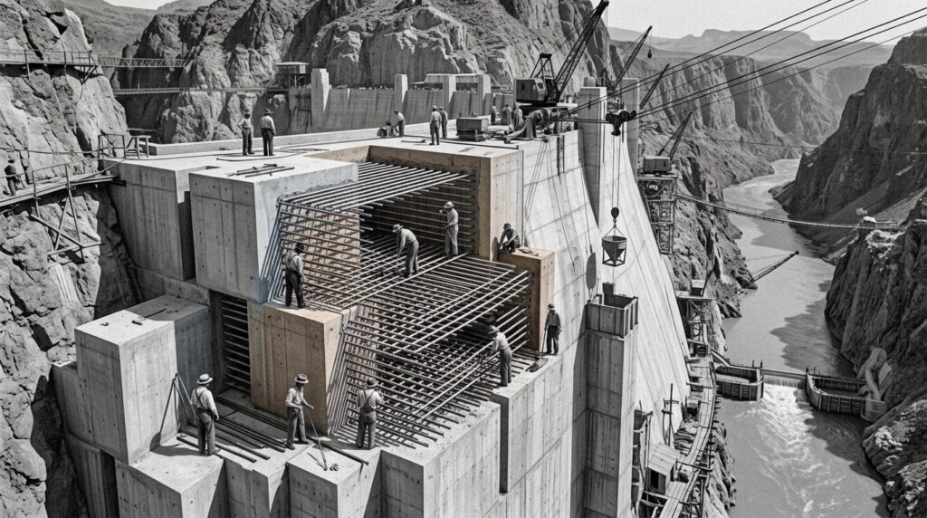 Trabalhadores instalam serpentinas de aço antes de uma nova camada de concreto da Hoover Dam.
