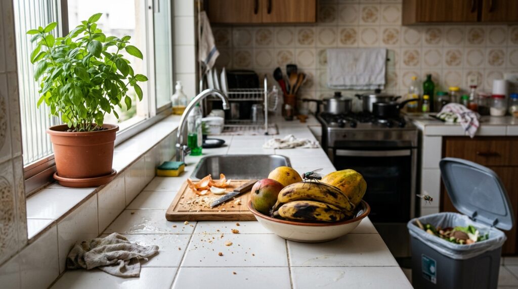 Moscas se aproximam de frutas maduras e resíduos de alimentos enquanto um vaso de manjericão permanece próximo à janela.