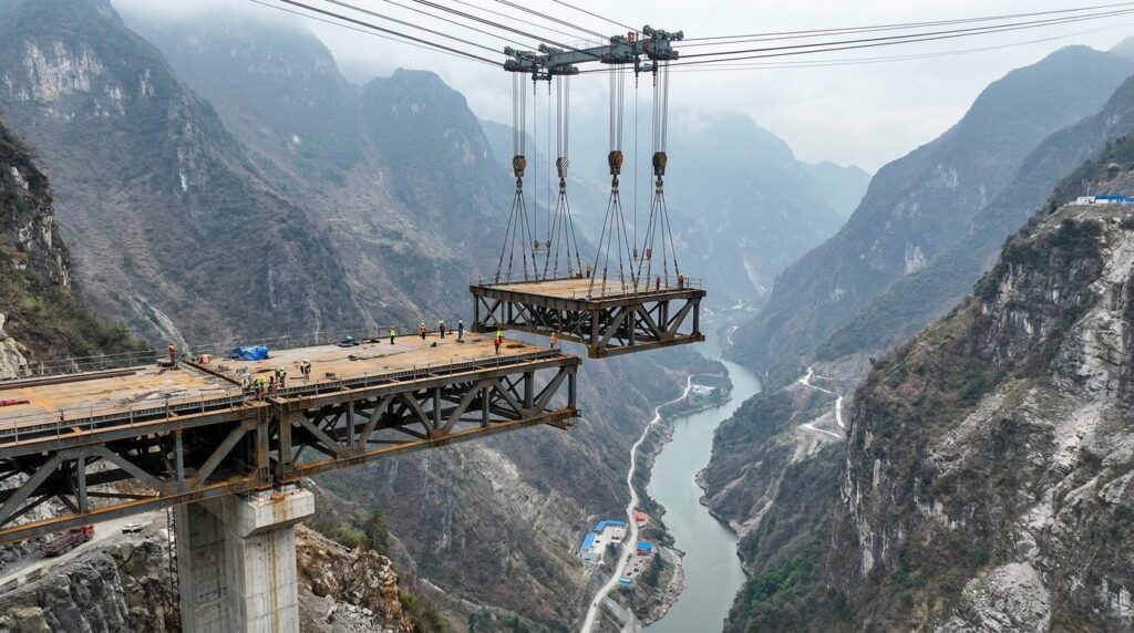 Segmento da ponte permanece suspenso centenas de metros acima do rio.