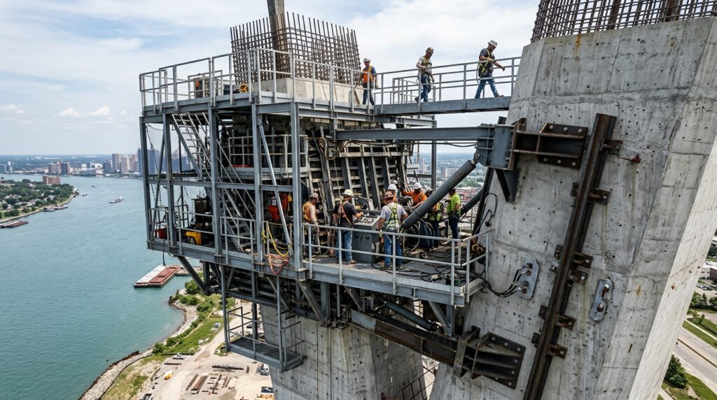 Como engenheiros construíram torres de 220 metros sem andaimes apoiados no chão? Formas hidráulicas subiam pela própria estrutura a cada nova concretagem