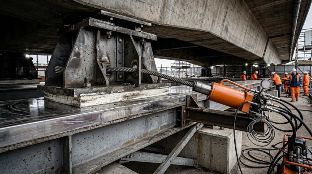 Macaco hidráulico e apoio deslizante de PTFE movimentam lateralmente a superestrutura de uma ponte.