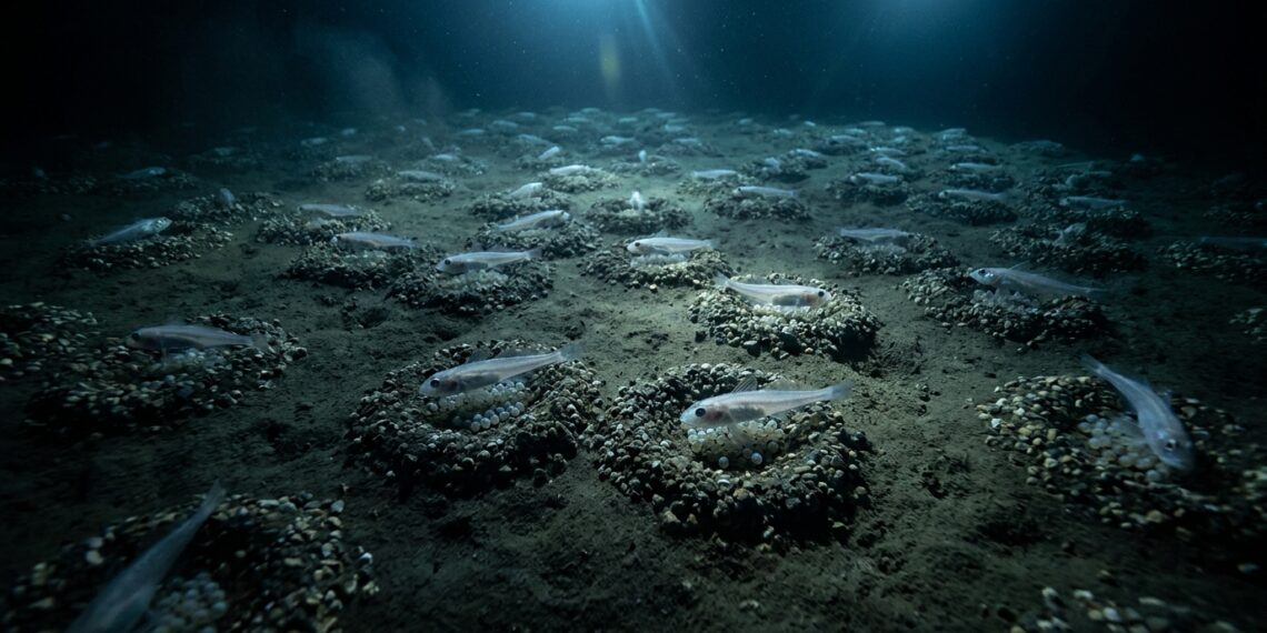 Leito marinho escuro a 500 metros de profundidade com dezenas de ninhos circulares de cascalho iluminados por holofotes e ocupados por peixes-gelo no Mar de Weddell.