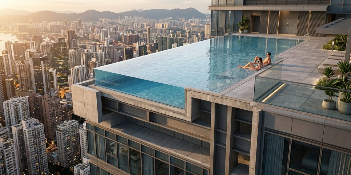 Pessoas utilizam uma grande piscina de borda infinita construída na cobertura de um edifício.