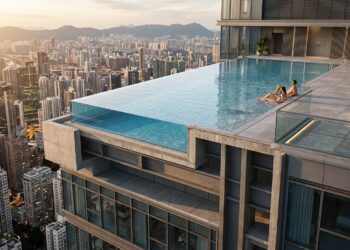 Pessoas utilizam uma grande piscina de borda infinita construída na cobertura de um edifício.