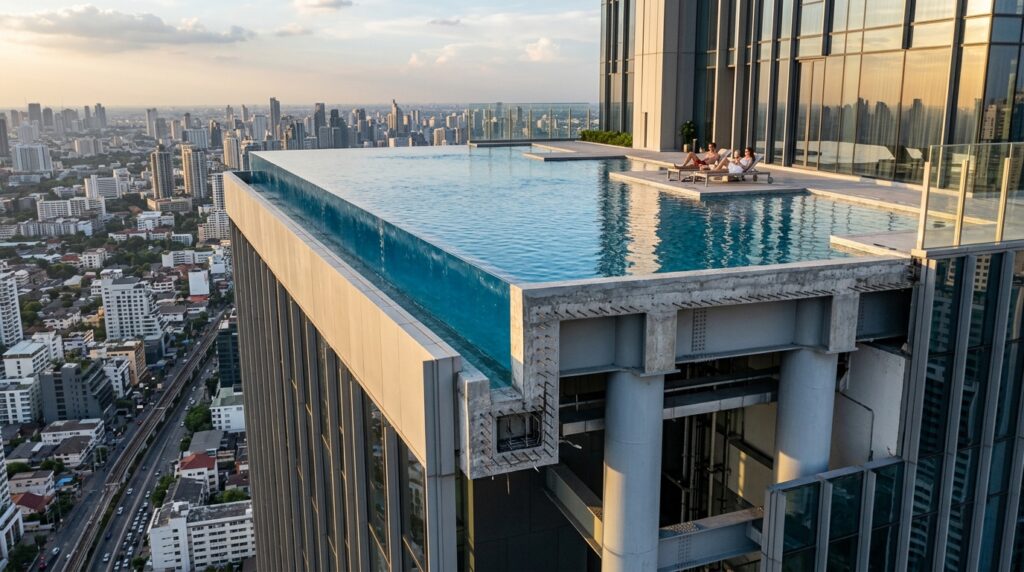 Piscina de borda infinita ocupa a cobertura de um prédio alto com sua estrutura de sustentação visível.
