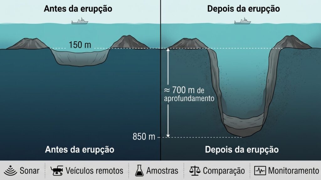 Cratera afundada no vulcão Hunga