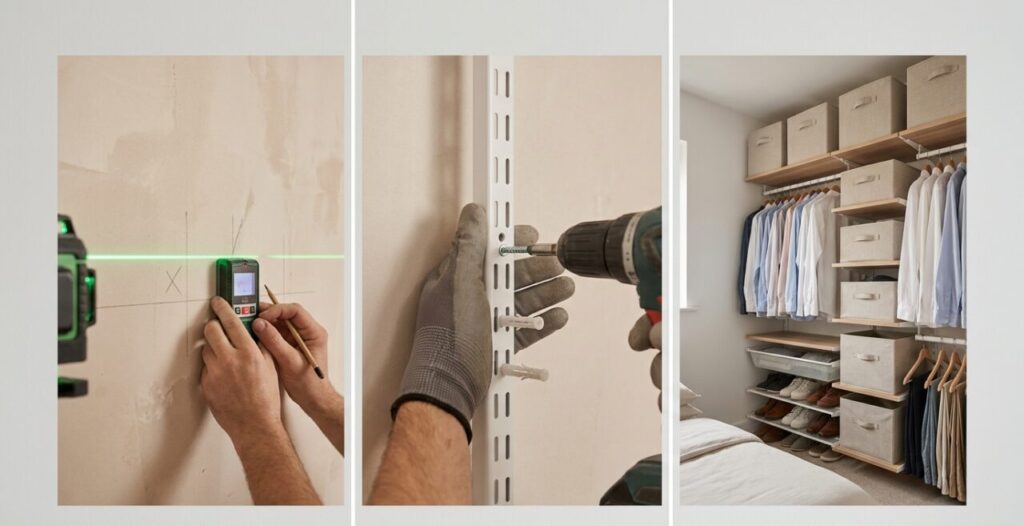 Tríptico mostrando nivelamento a laser da parede, fixação de trilhos com parafusos e o closet aberto montado