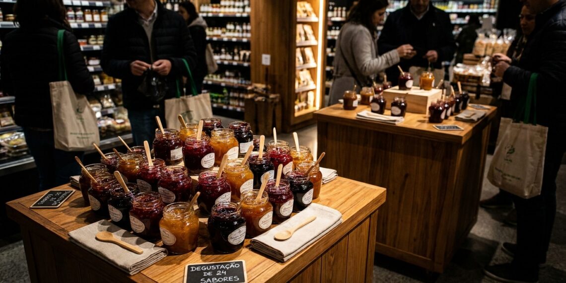 Mesa de madeira em empório gourmet exibindo 24 potes de vidro com geleias artesanais e pequenas colheres de degustação.
