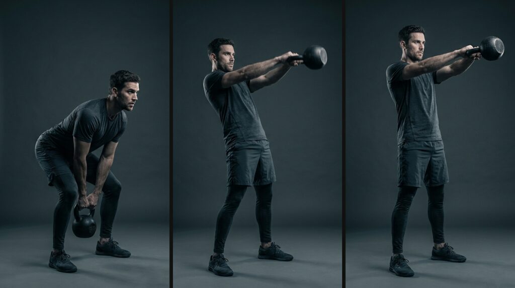 Painel tríptico mostrando as três etapas biomecânicas do movimento de balanço funcional com kettlebell