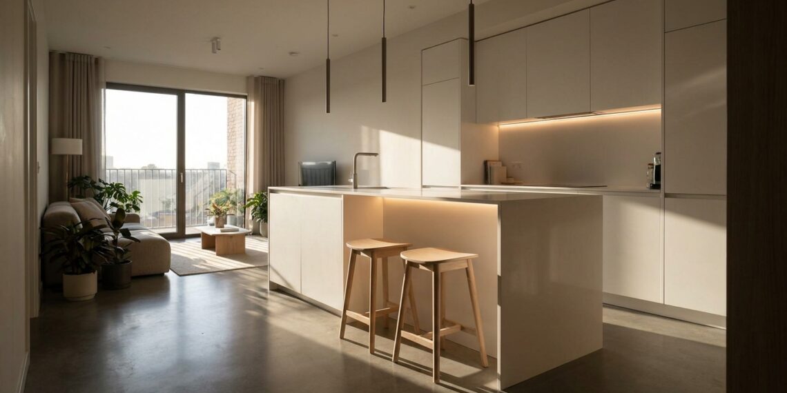 Bancada península multifuncional com banquetas de madeira embutidas integrando cozinha compacta e sala de estar em apartamento pequeno